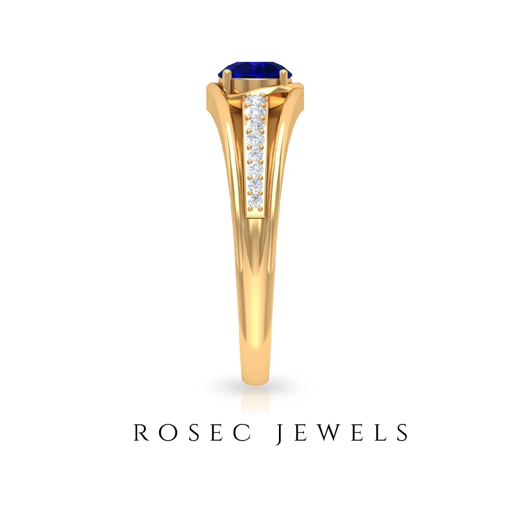 1 CT Created Blue Sapphire and Diamond Classic Engagement Ring