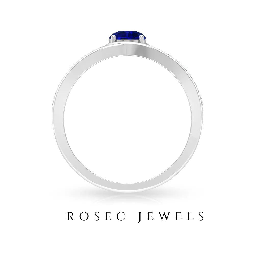 1 CT Created Blue Sapphire and Diamond Classic Engagement Ring