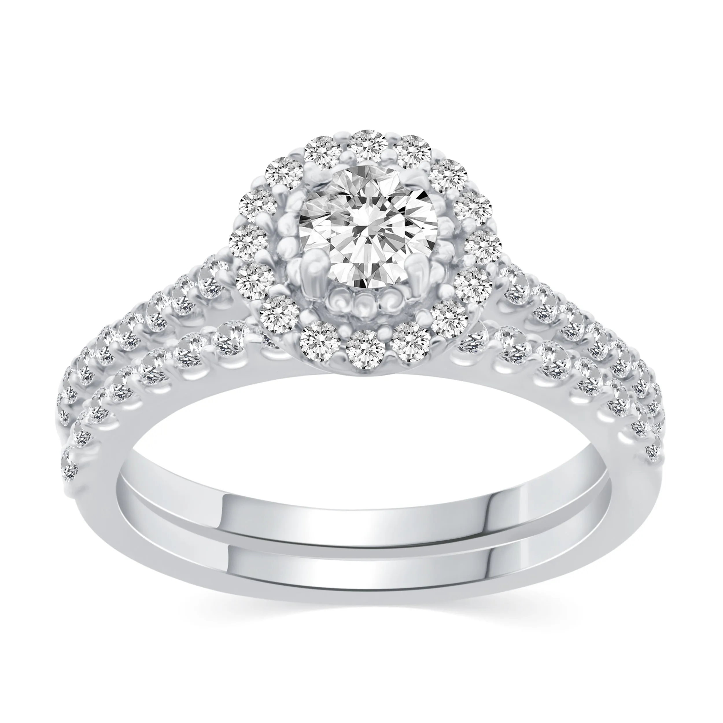 1 Cttw  (I2 Clarity) Diamond Halo Engagement Wedding Bridal Ring & Band in 10K Gold