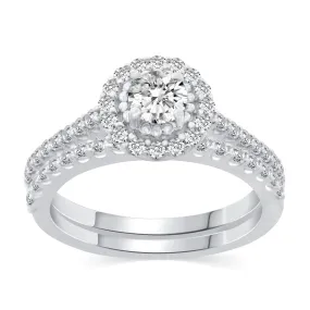 1 Cttw  (I2 Clarity) Diamond Halo Engagement Wedding Bridal Ring & Band in 10K Gold
