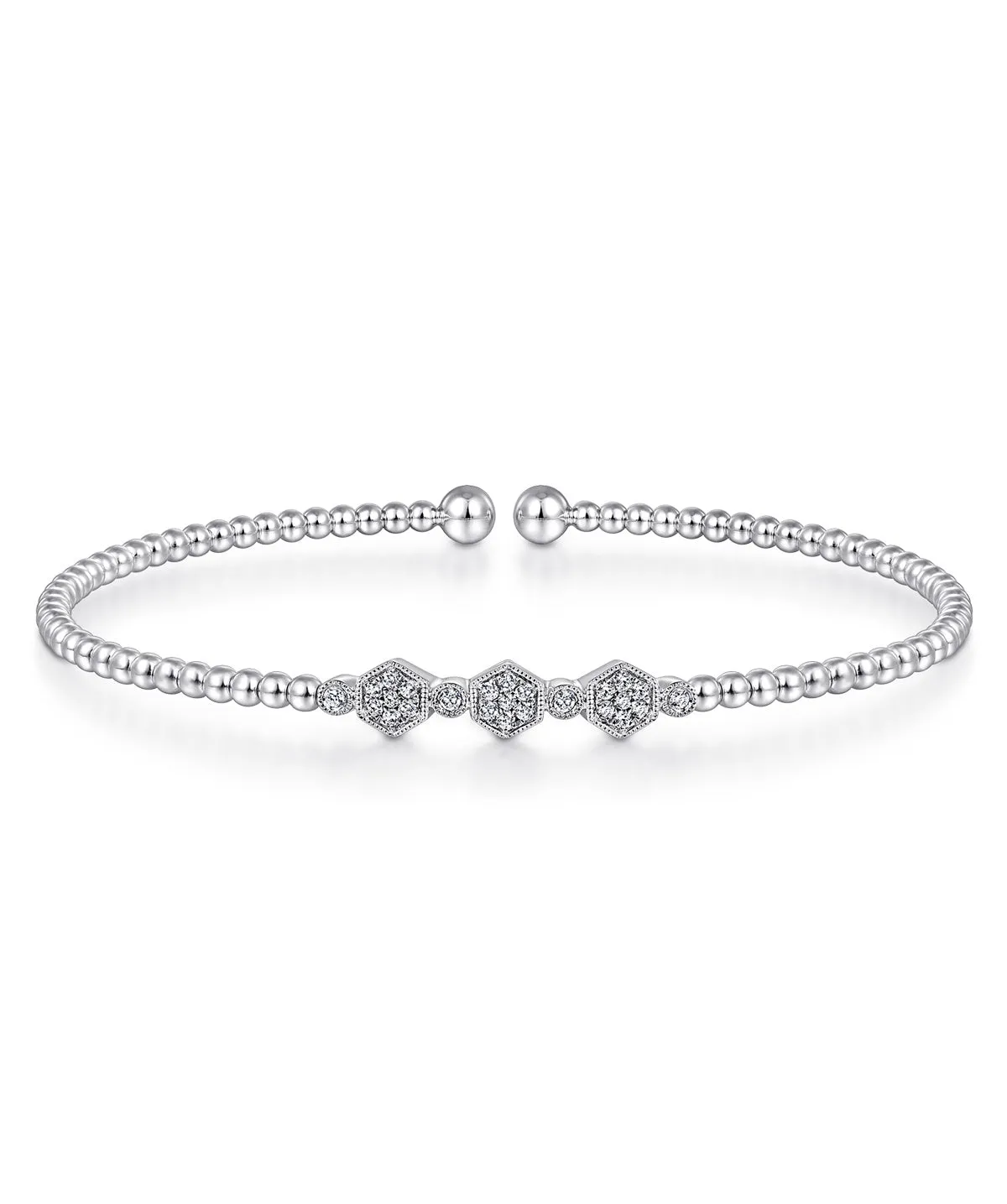 14K White Gold Bujukan Bead Cuff Bracelet with Cluster Diamond Hexagon Stations
