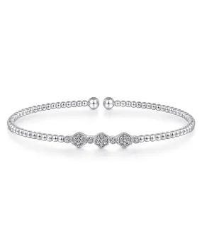 14K White Gold Bujukan Bead Cuff Bracelet with Cluster Diamond Hexagon Stations