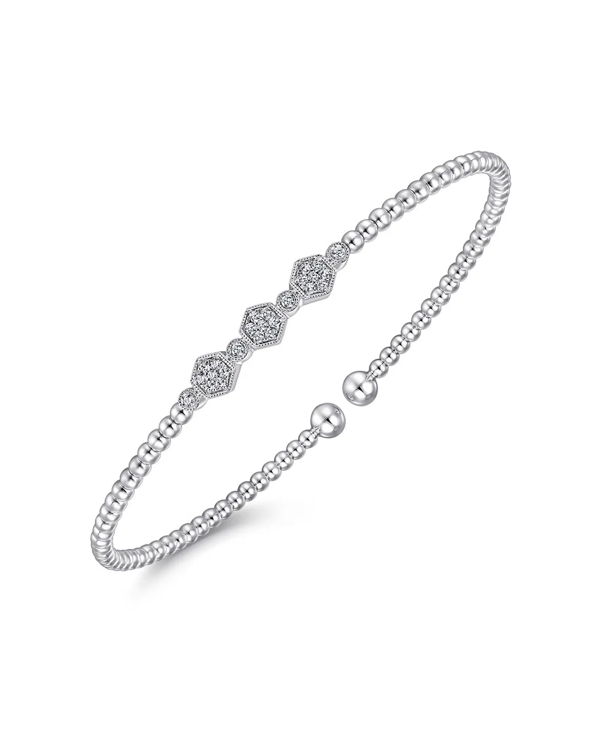 14K White Gold Bujukan Bead Cuff Bracelet with Cluster Diamond Hexagon Stations
