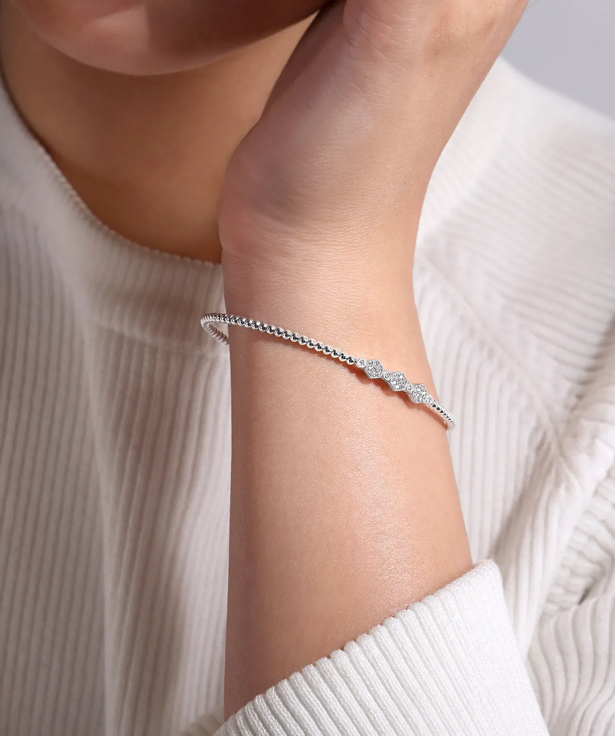 14K White Gold Bujukan Bead Cuff Bracelet with Cluster Diamond Hexagon Stations