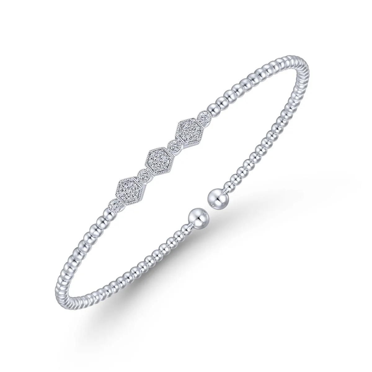 14K White Gold Bujukan Cuff Bracelet with Cluster Diamond Hexagon Stations - BG4117-62W45JJ