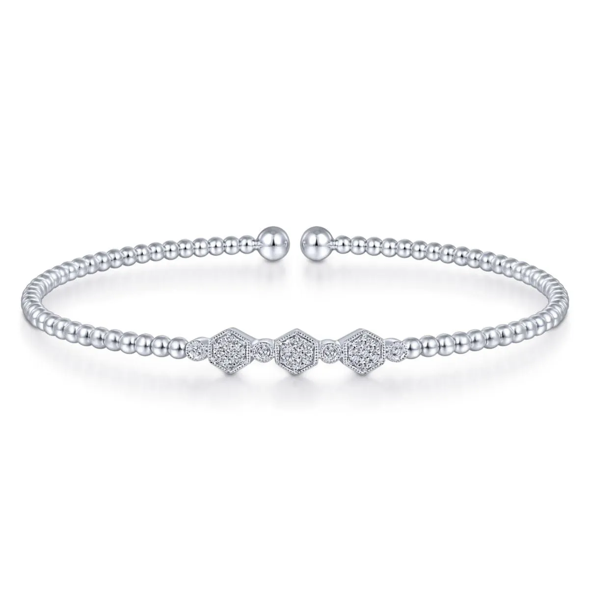 14K White Gold Bujukan Cuff Bracelet with Cluster Diamond Hexagon Stations - BG4117-62W45JJ