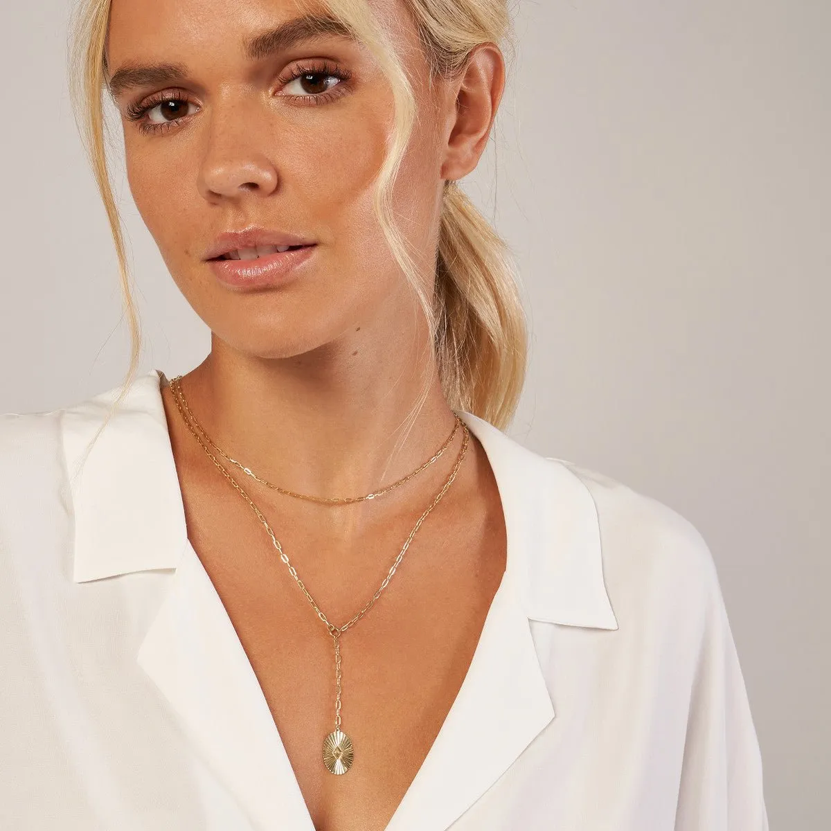14K Yellow Gold Two-Stranded Fluted Pendant Choker Necklace