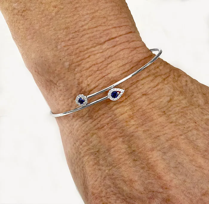 14Kt White Gold Diamond Halo Two Sapphire Dainty Bypass Bracelet