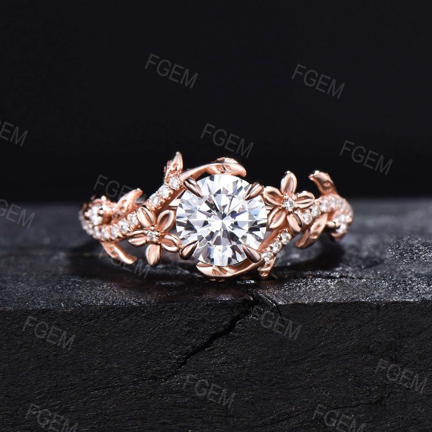 1CTW Round Caydia Lab Grown Diamond Engagement Ring with Certificate Nature Inspired Diamond Wedding Ring Branch Vine Rose Flower Ring For Women