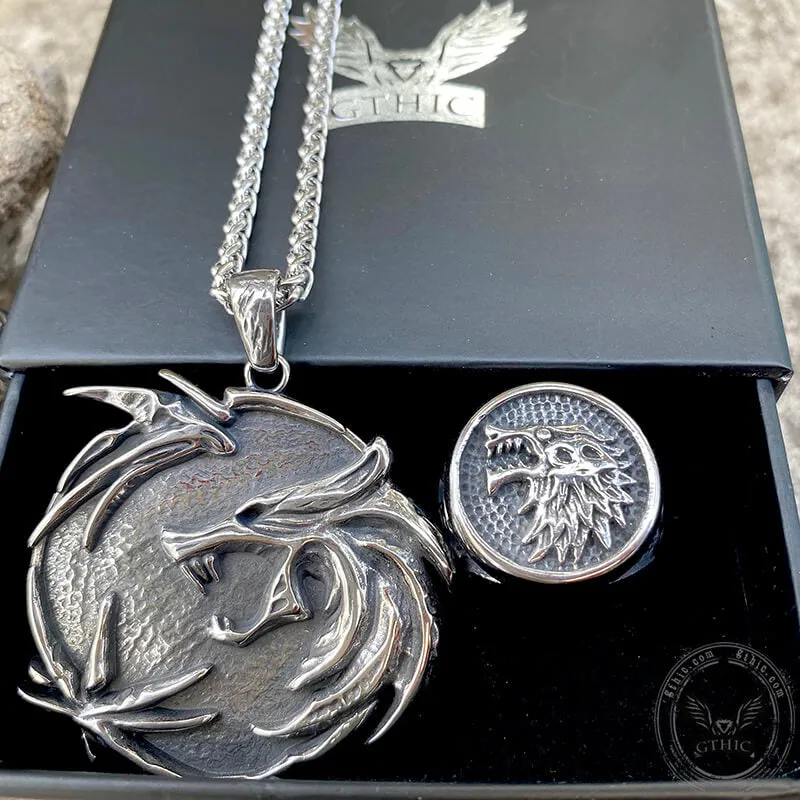 3 Pcs Howling Wolf Stainless Steel Jewelry Set