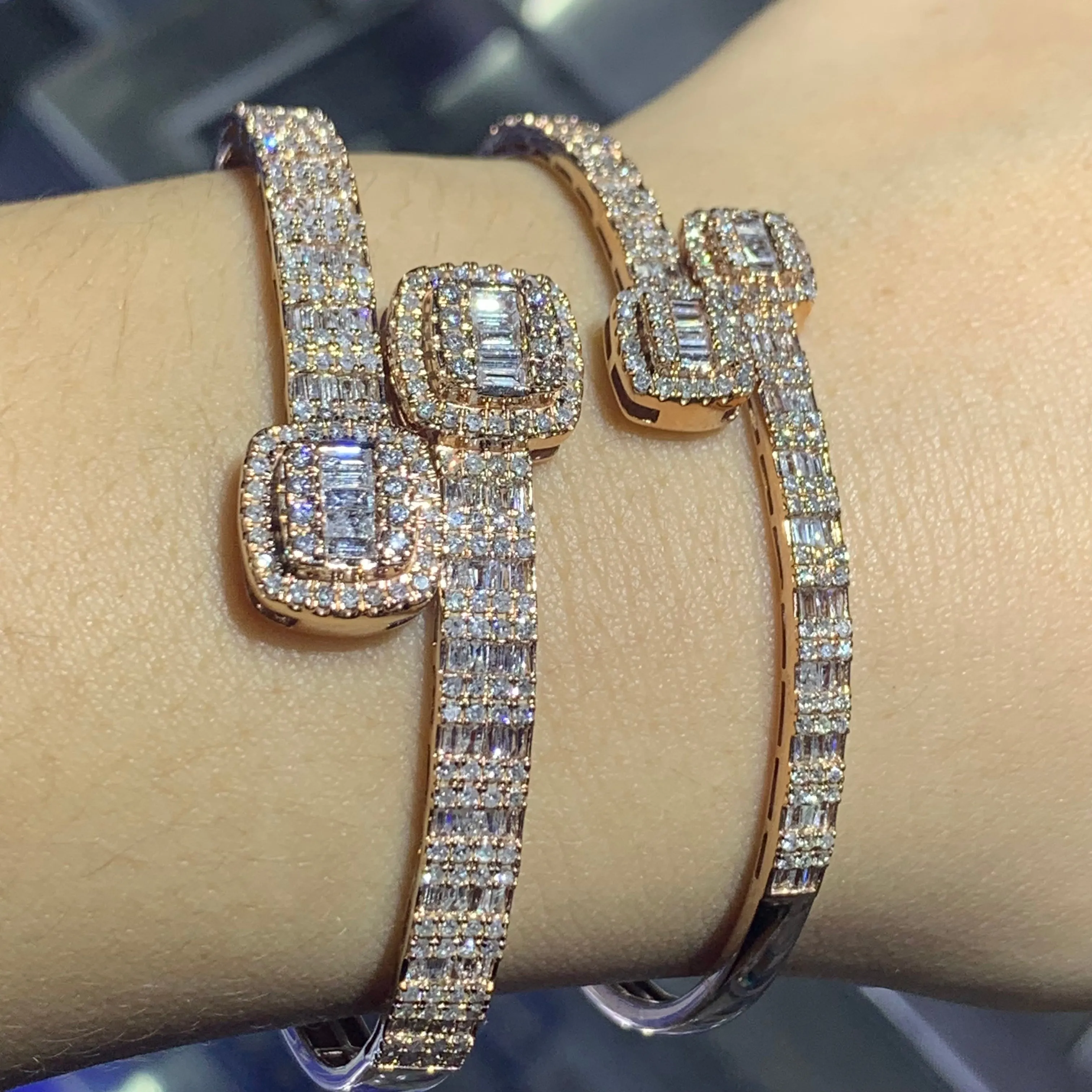 6 piece deal: Rose Gold and Diamond Twin Square Cuff Bracelets His & Hers   2 free pair of gold & diamond earrings   2 gifts from Marchello the Jeweler