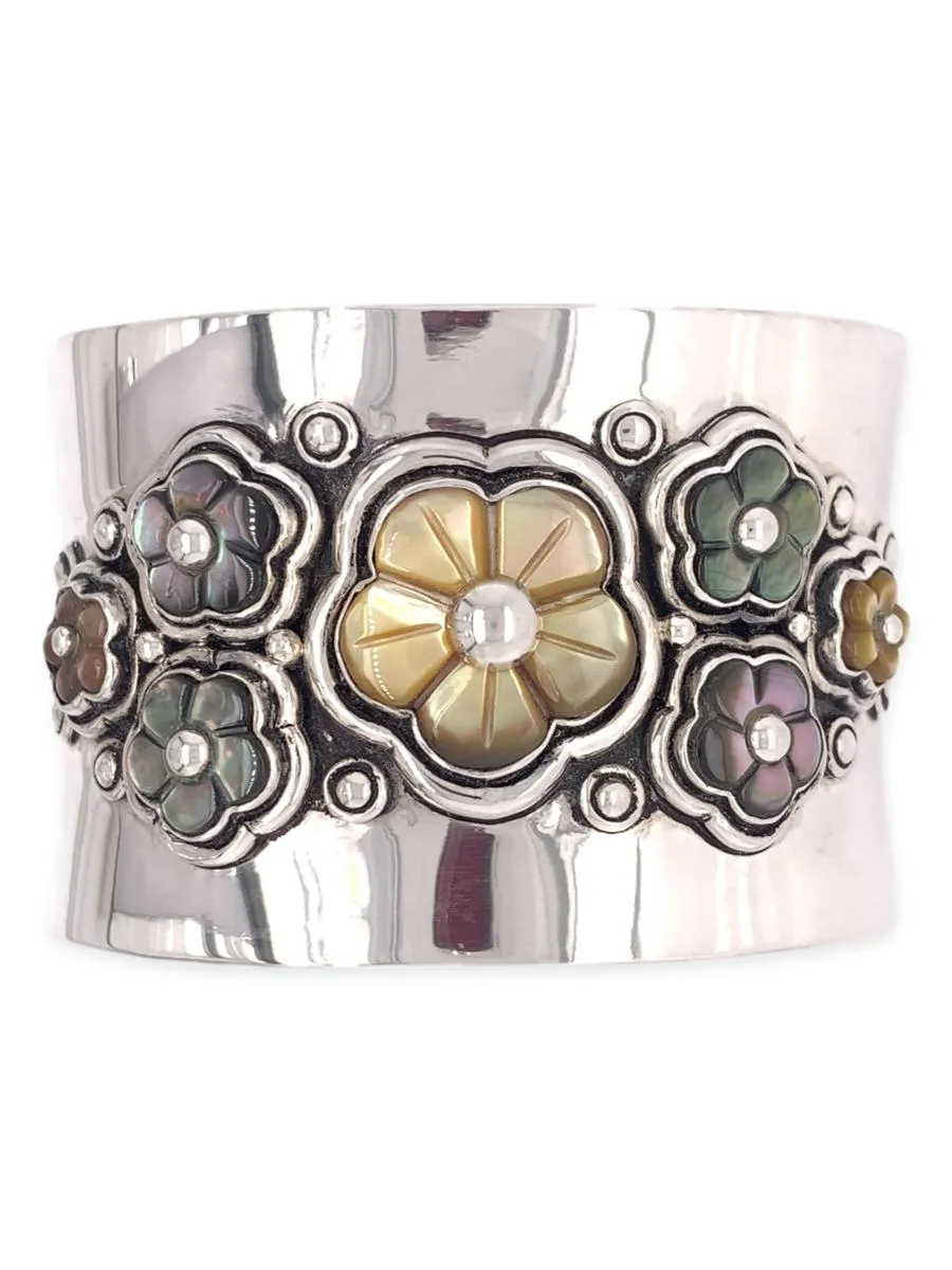 7 Flowers Mother of Pearl Sterling Silver Bracelet Cuff - MULTI