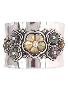 7 Flowers Mother of Pearl Sterling Silver Bracelet Cuff - MULTI