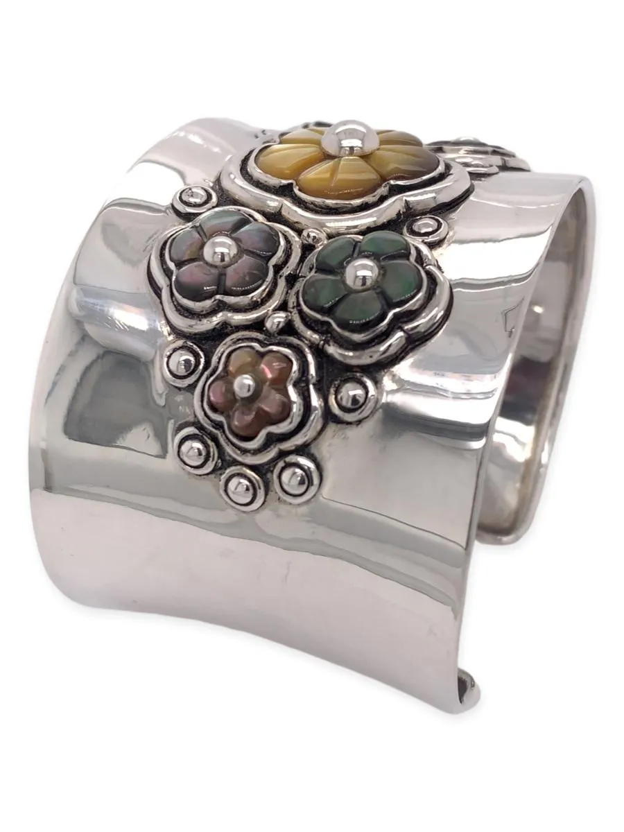 7 Flowers Mother of Pearl Sterling Silver Bracelet Cuff - MULTI
