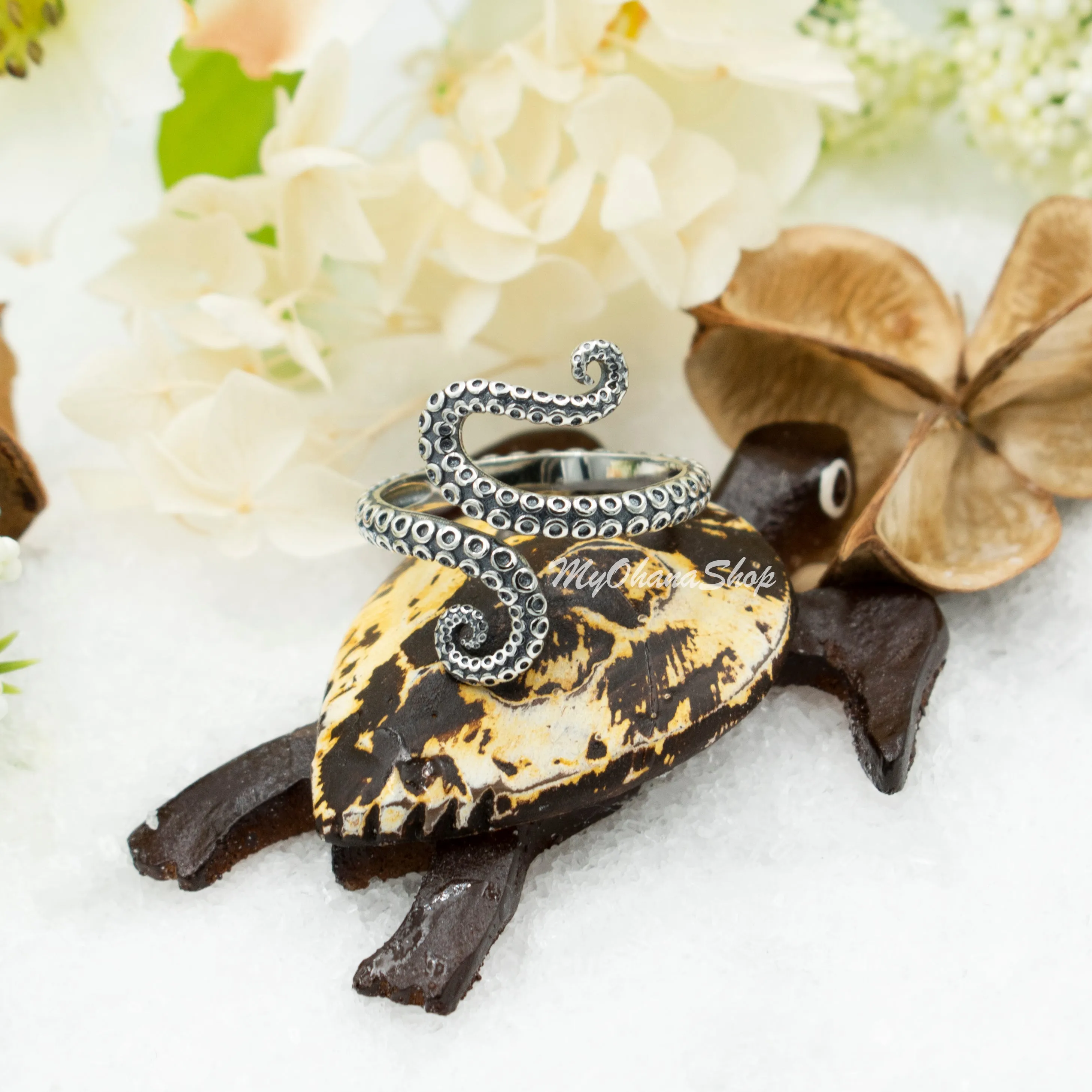 925 Sterling Silver Octopus Tentacles Ring. 25mm Wide Wraparound, Adjustable For Middle, Midi, Index, Thumb Rings. Sea Life Octopus Jewelry Gift.