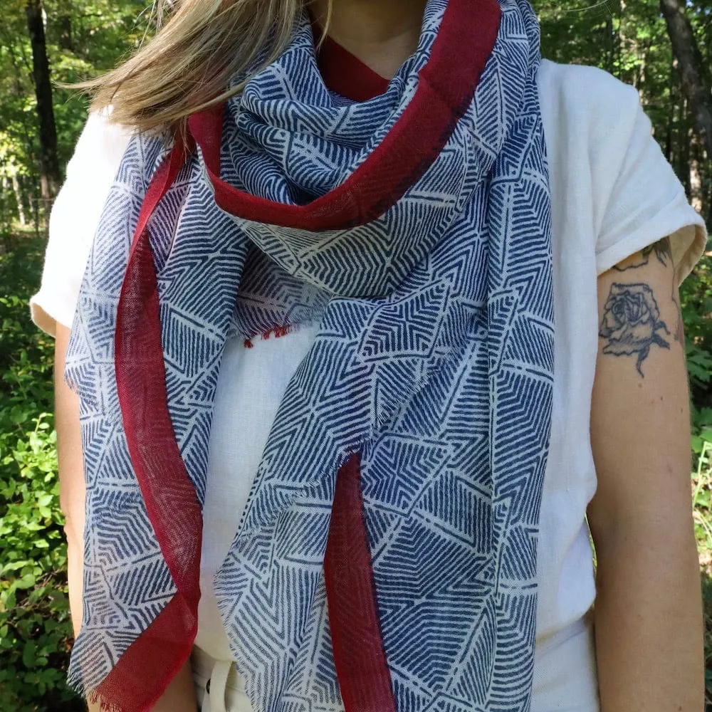 Asami Wool Scarf & Wrap ~ Navy Red Geo