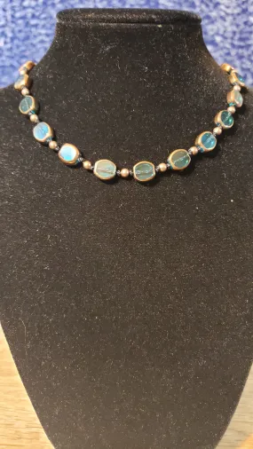 Black Hand Knotted Silk, 14" Choker Necklace with Blue Glass & Metal Beads and Spring Ring Clasp.