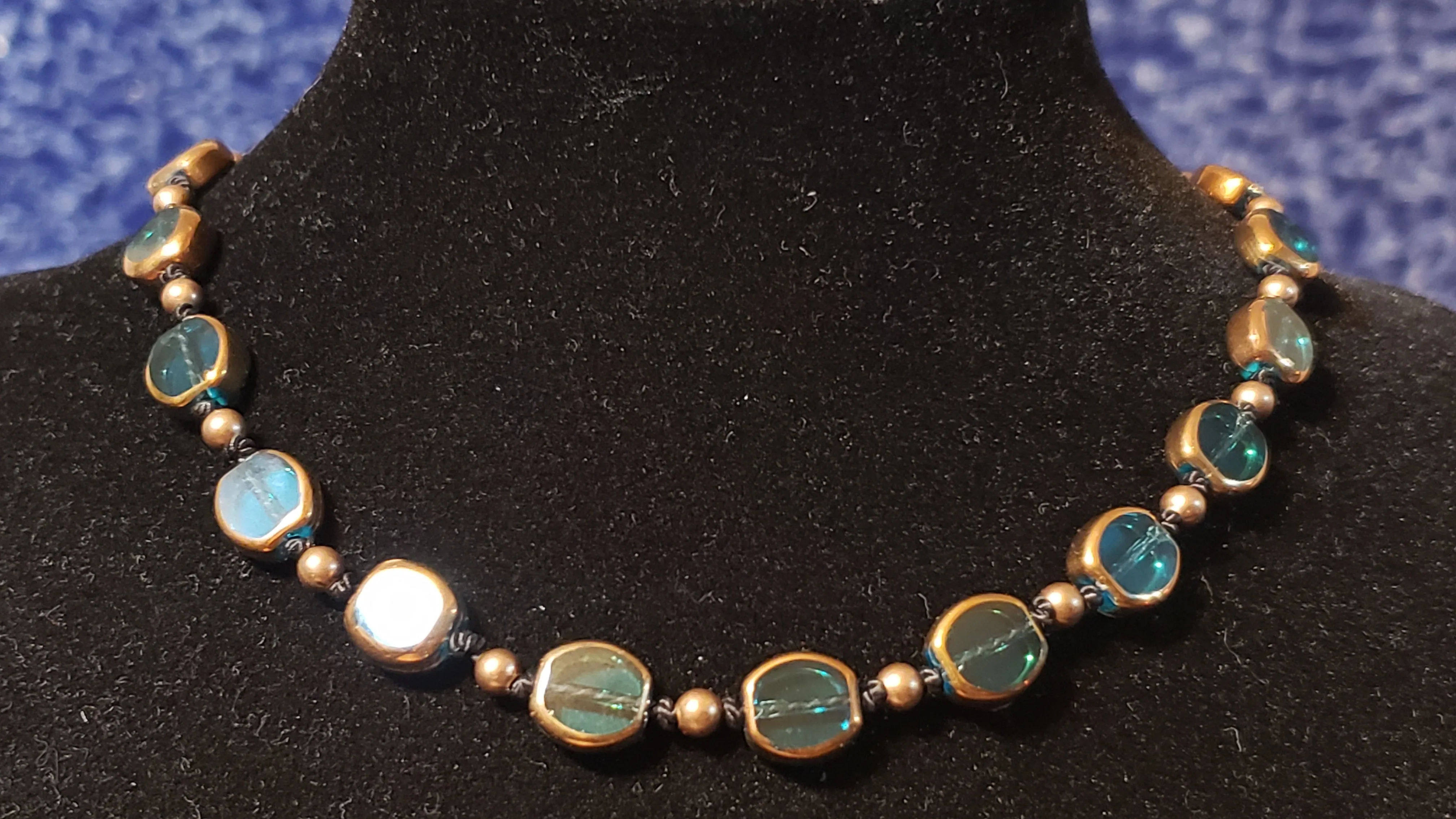 Black Hand Knotted Silk, 14" Choker Necklace with Blue Glass & Metal Beads and Spring Ring Clasp.