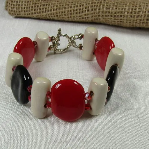 Black, Red & Cream Kazuri Fair Trade Bead Cuff Bracelet