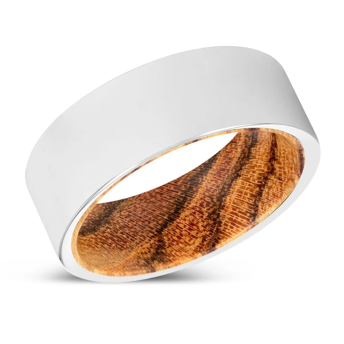 BLACKWELL | Bocote Wood, Silver Tungsten Ring, Shiny, Flat