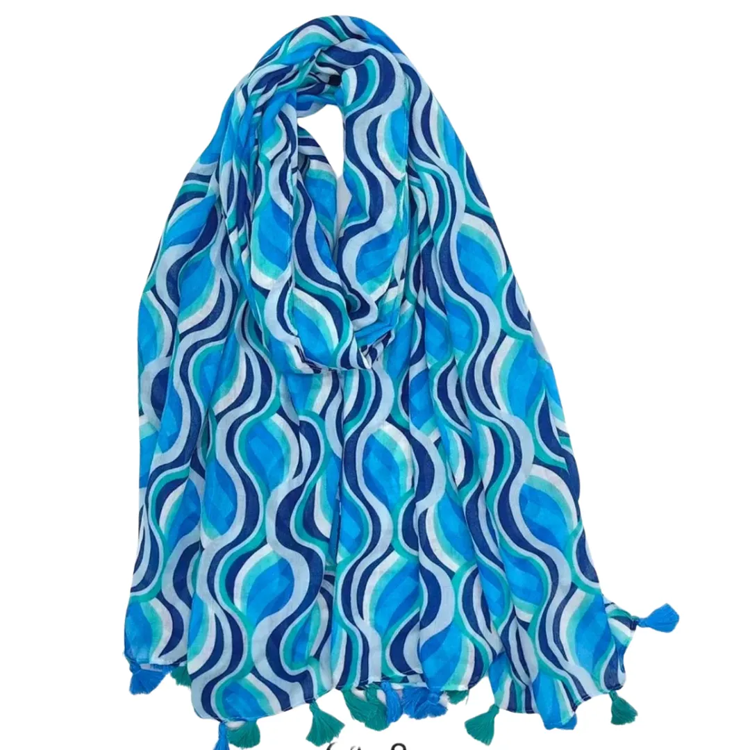 Blue Abstract Cotton Blend Scarf w/tassels