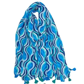 Blue Abstract Cotton Blend Scarf w/tassels