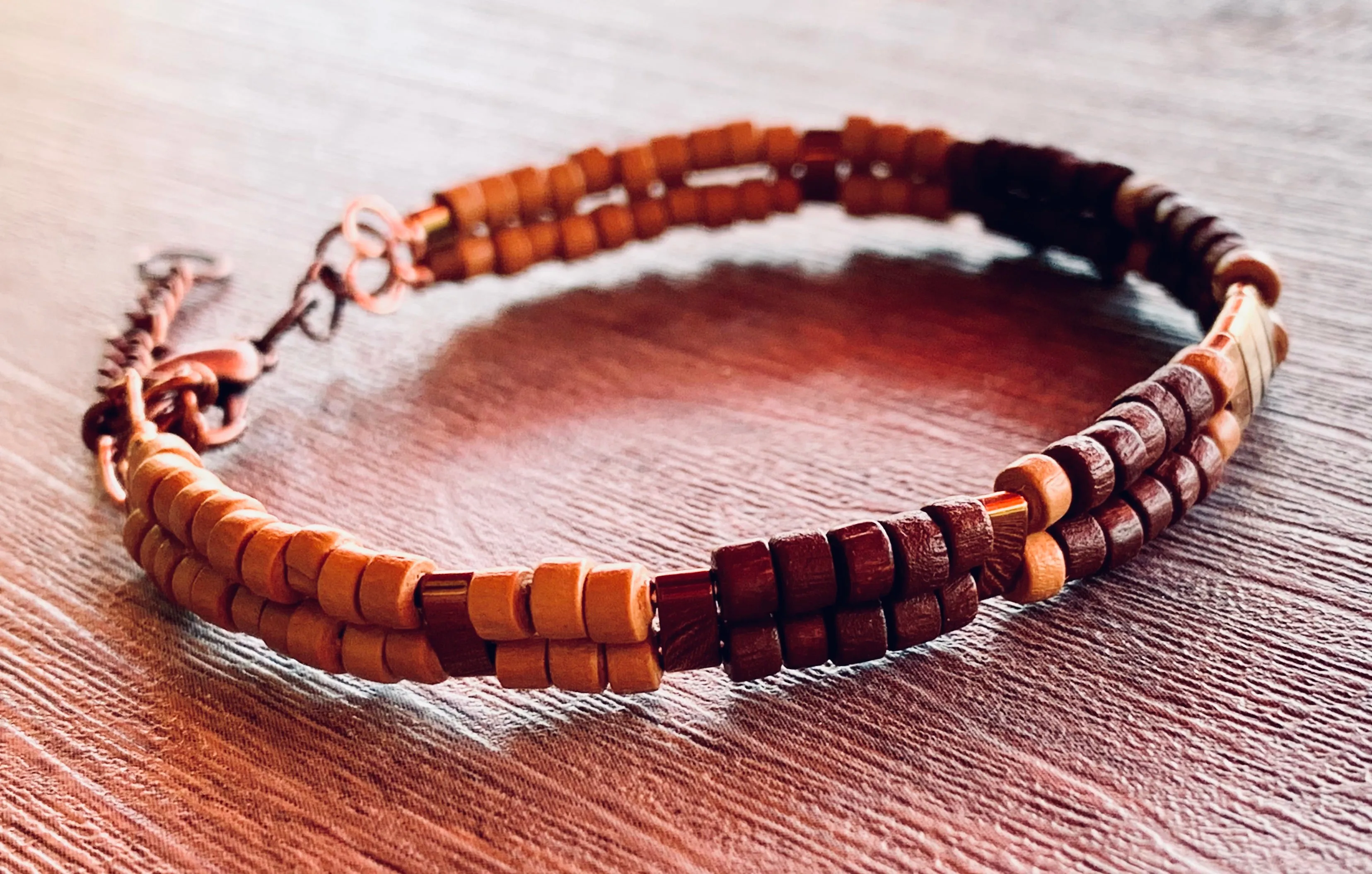 Carter Handmade Copper Plater Hematite and Two Tone Wood 8" Adjustable Cuff Bracelet