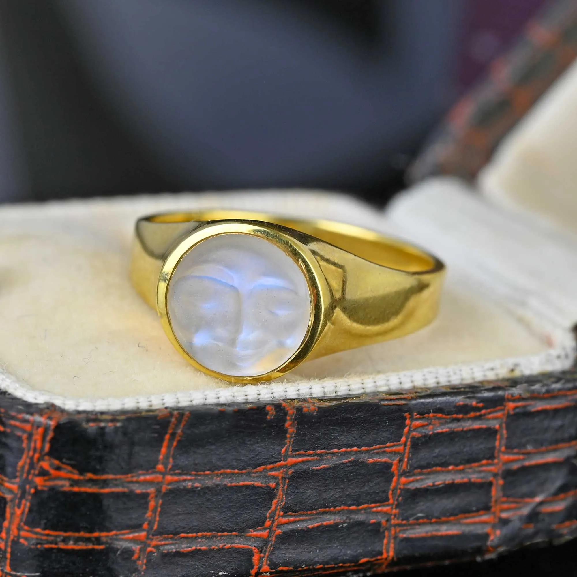 Carved Man in the Moon Moonstone Ring in 18K Gold