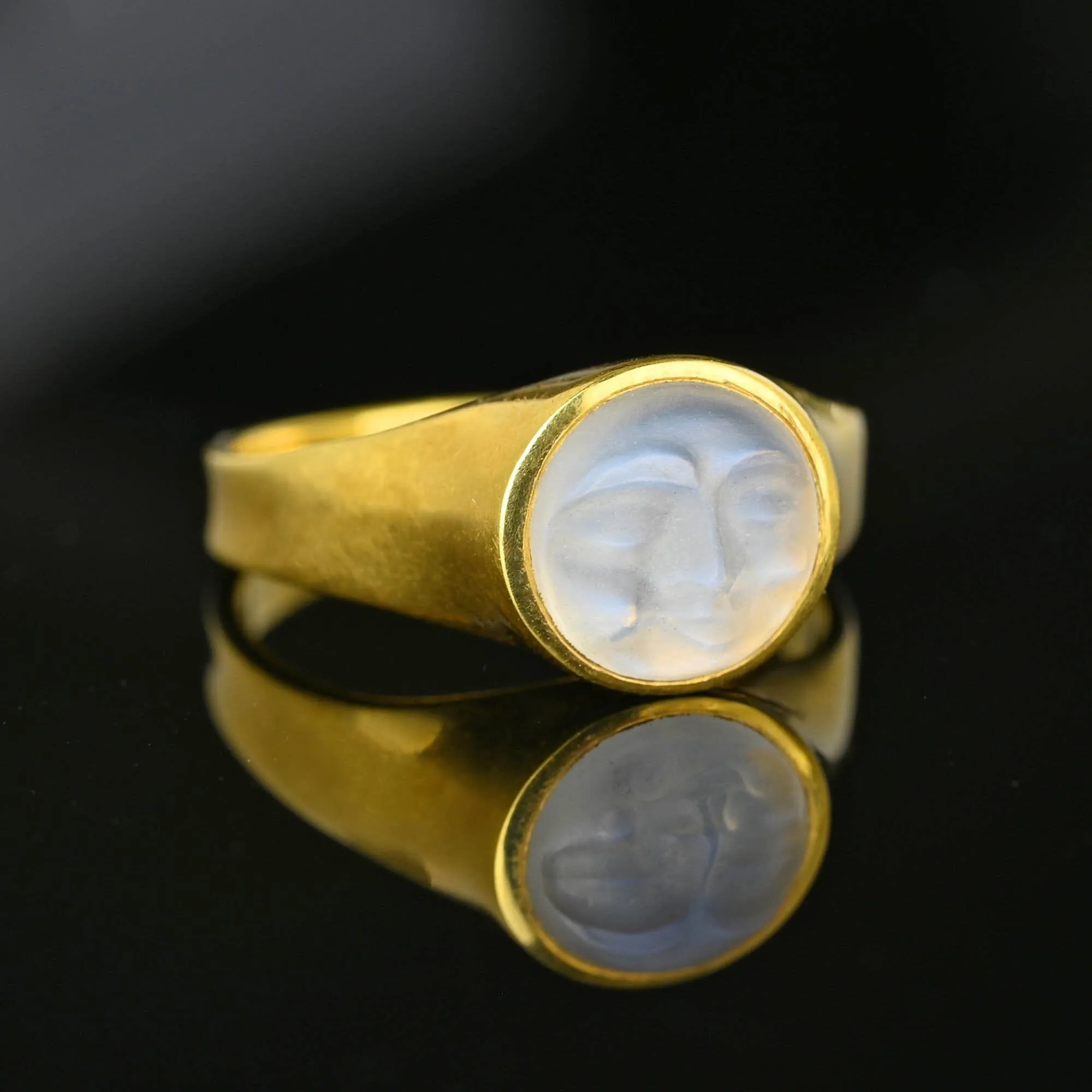 Carved Man in the Moon Moonstone Ring in 18K Gold
