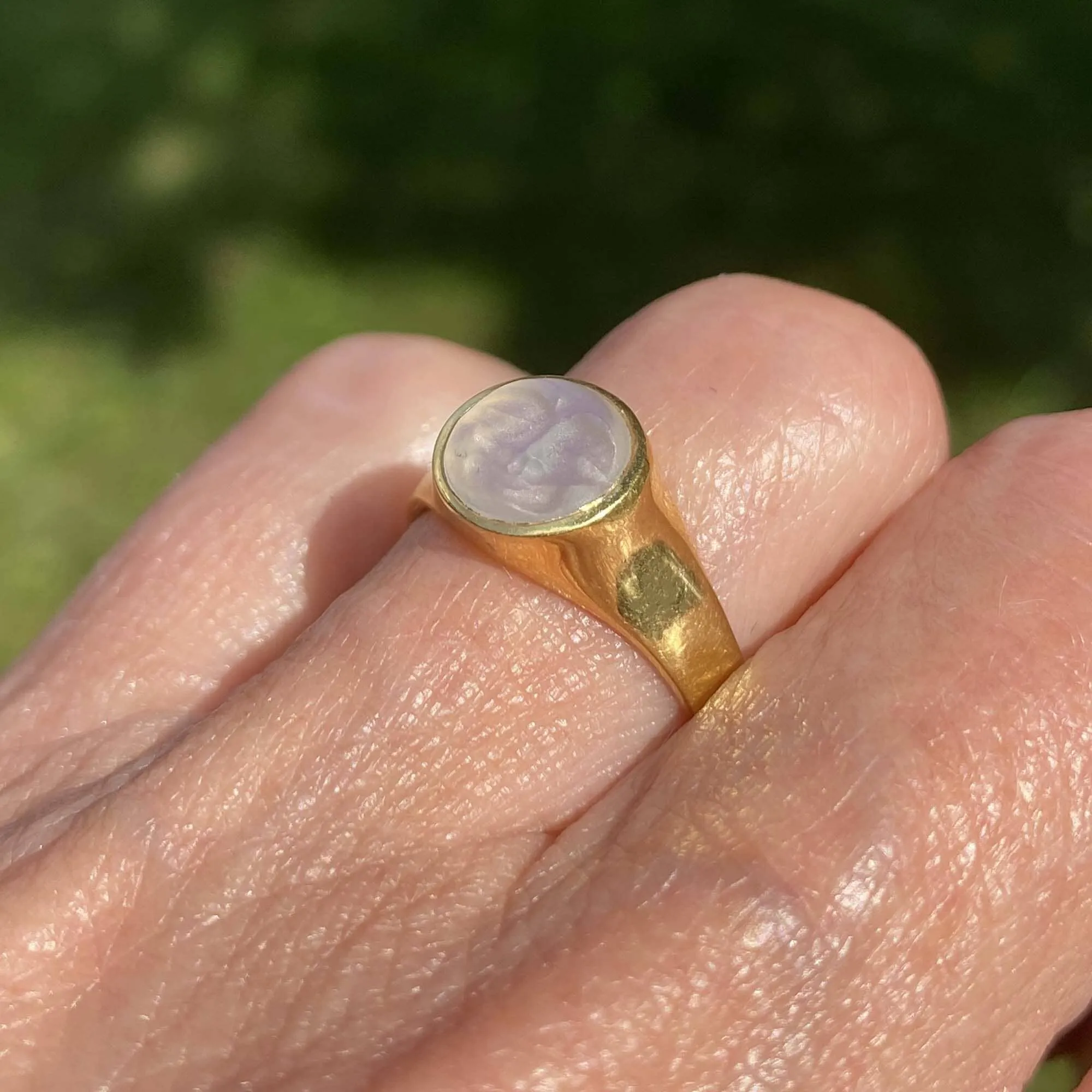 Carved Man in the Moon Moonstone Ring in 18K Gold