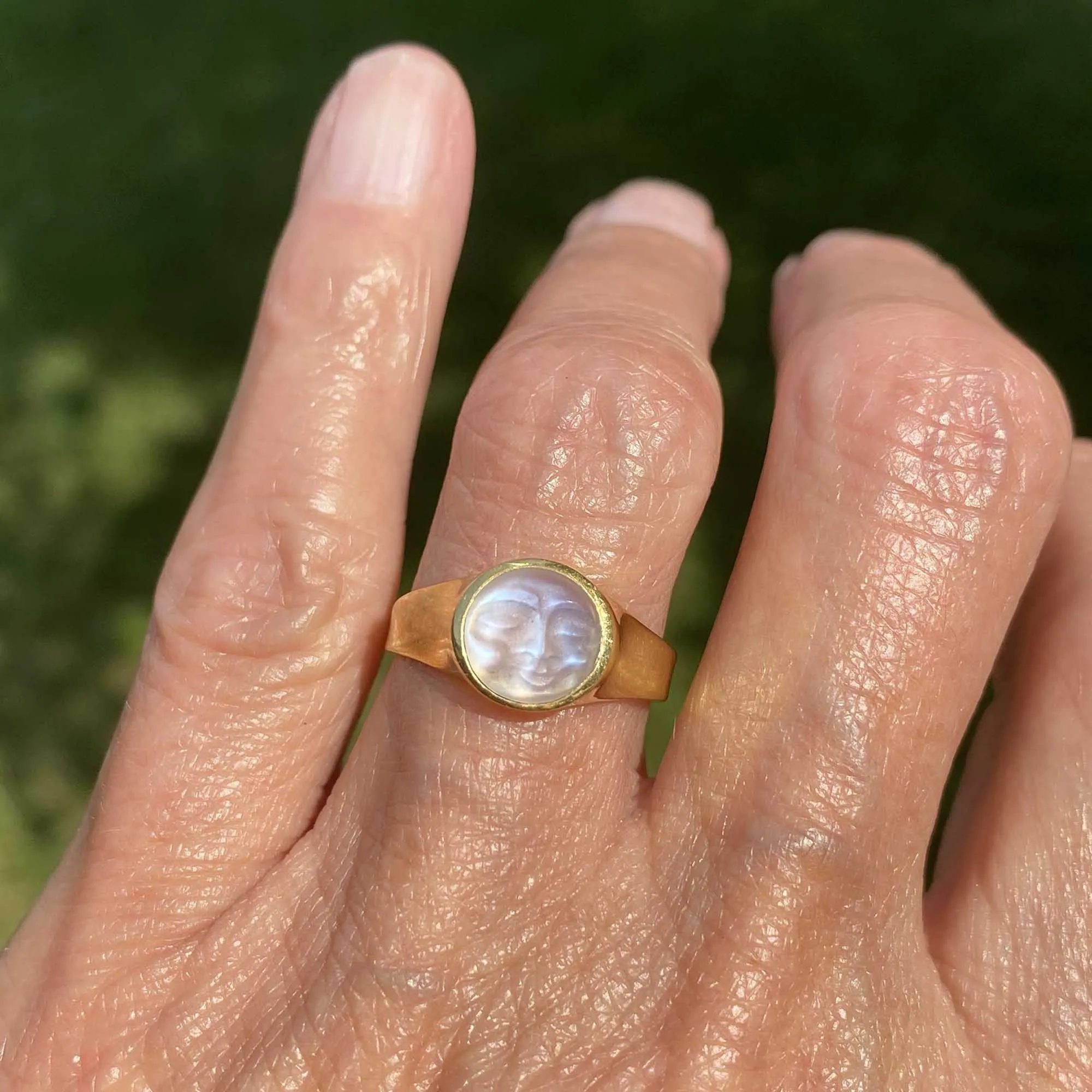 Carved Man in the Moon Moonstone Ring in 18K Gold