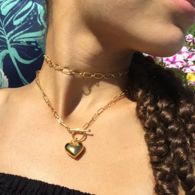Chain Link & Heart Choker Necklace Set