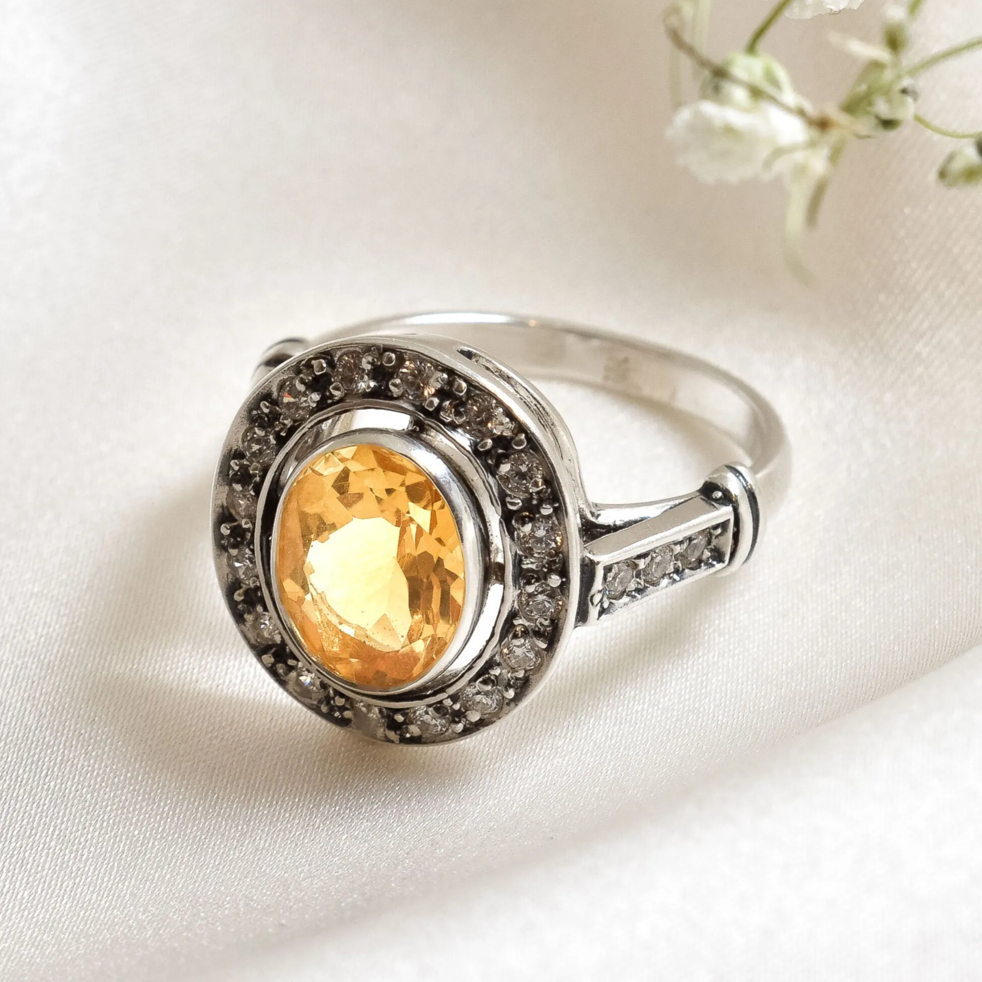 Citrine Ring - Yellow Oval Ring - Vintage Halo Ring