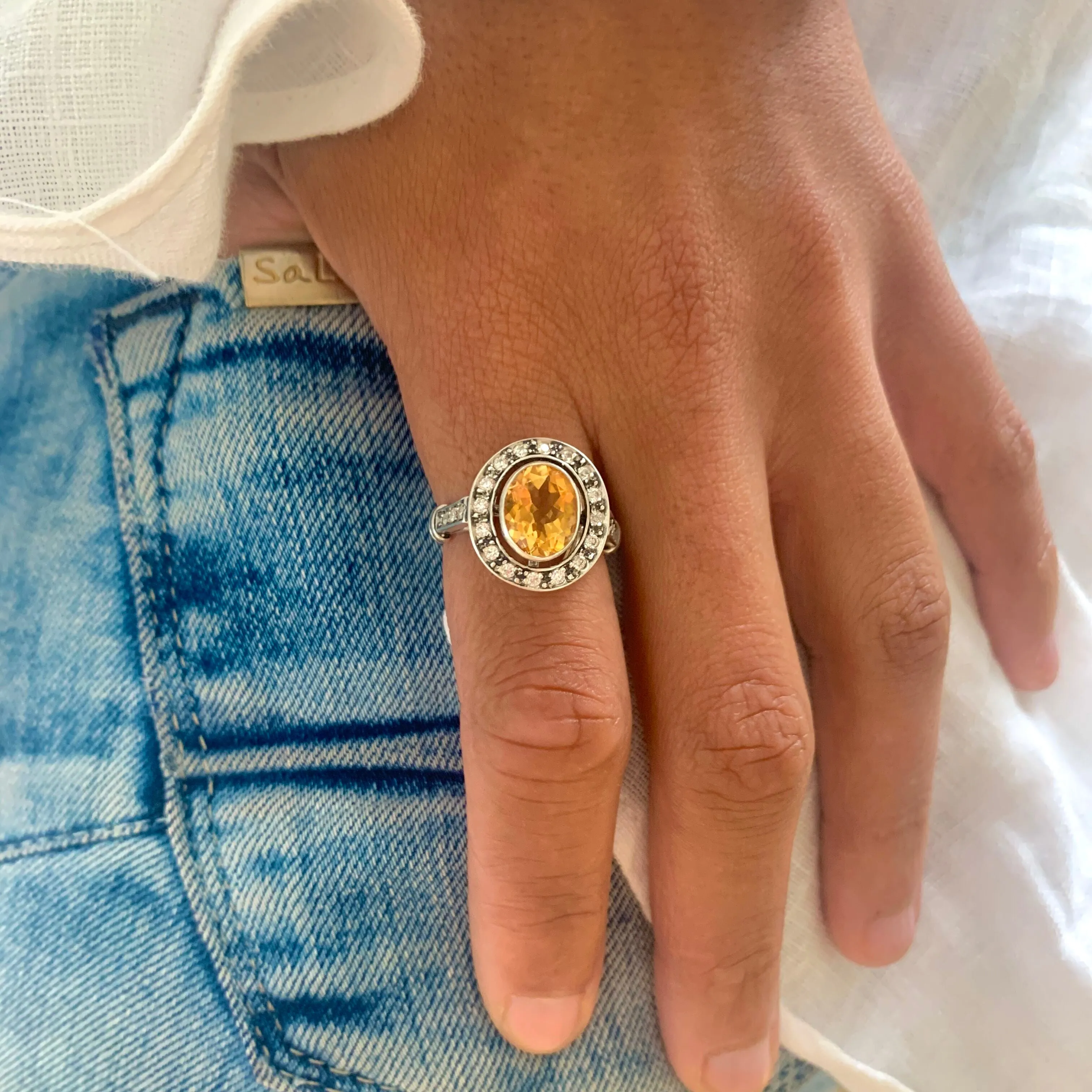 Citrine Ring - Yellow Oval Ring - Vintage Halo Ring