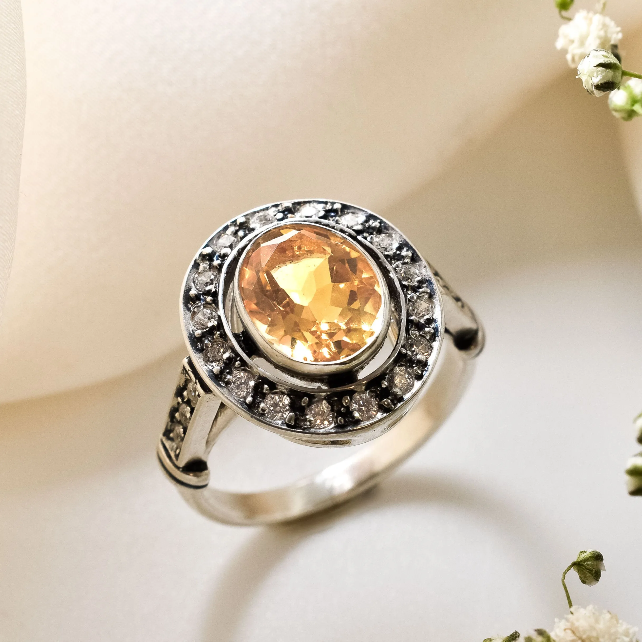 Citrine Ring - Yellow Oval Ring - Vintage Halo Ring