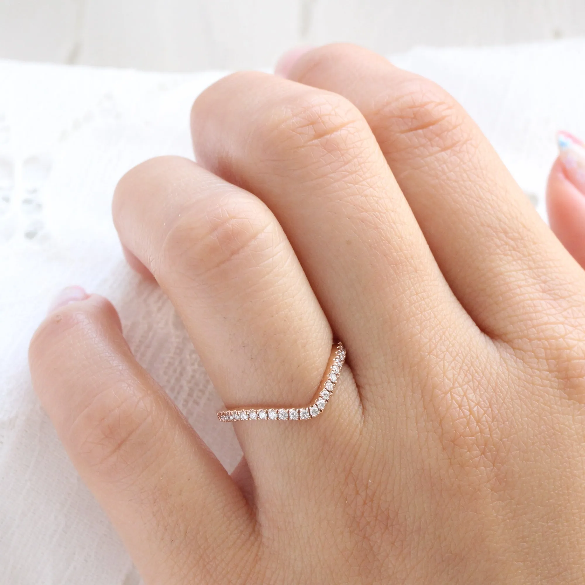 Contour Diamond Wedding Ring in U Shaped Curved Pave Band