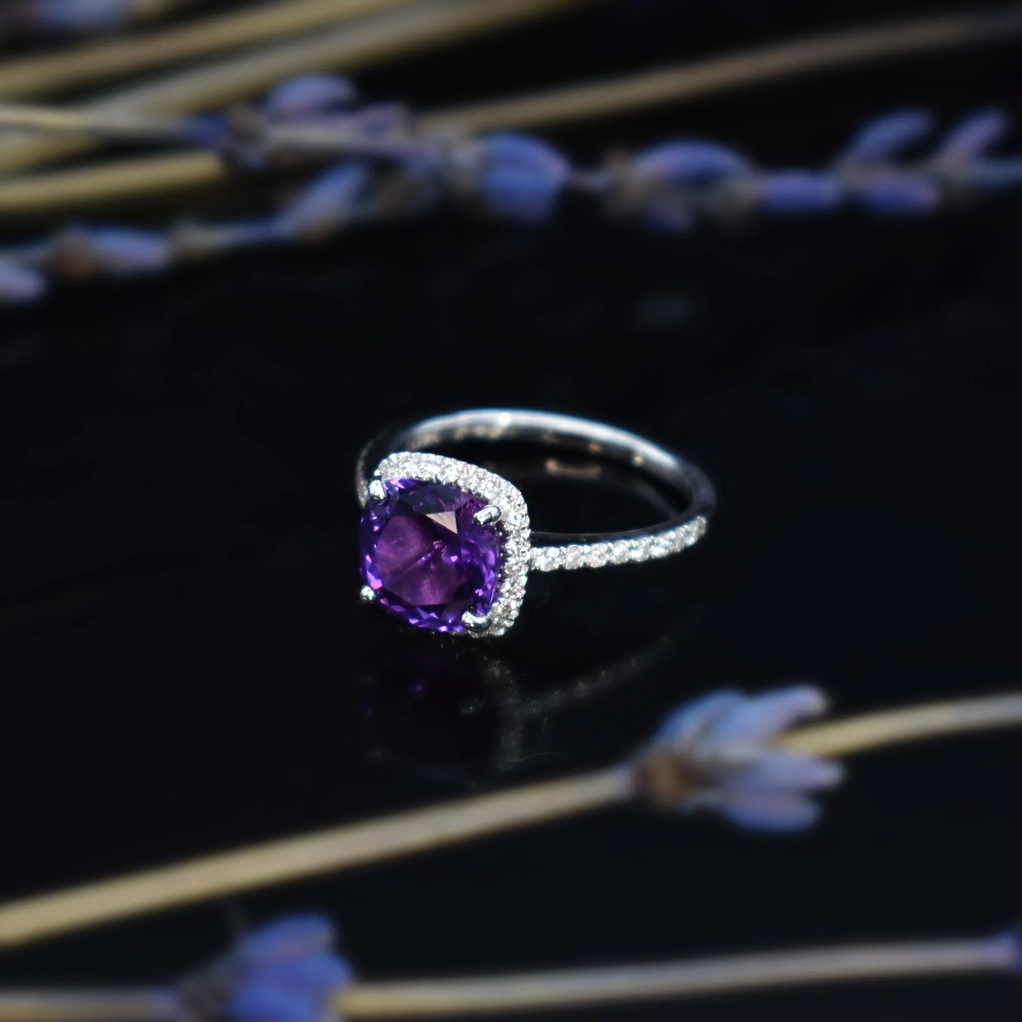 Cremation Ring With Ashes: Amethyst & Diamond Halo Ring