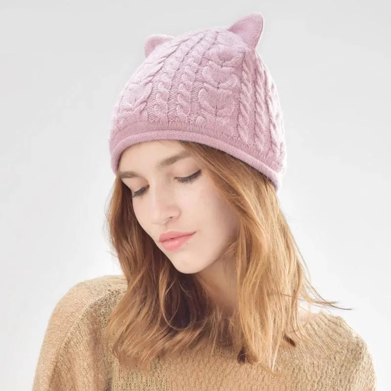 Cute Cat Ear Rabbit Fur Casual Warm Knitted Winter Beanie