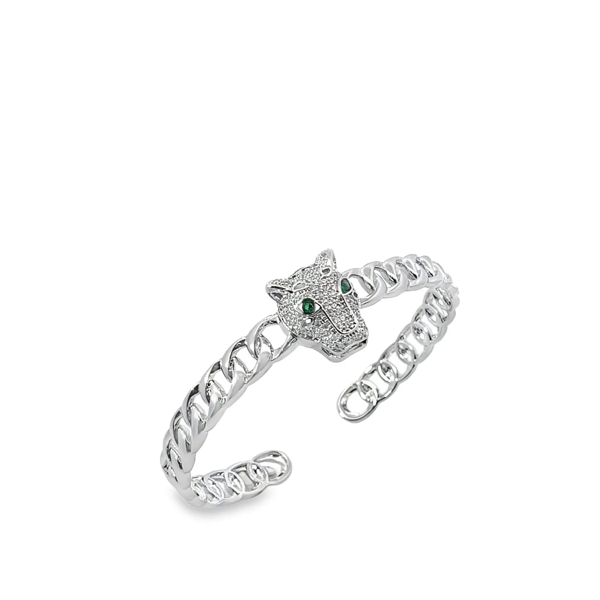 CZ Paved Panther Head Curb Cuban Bangle Bracelet (B133)