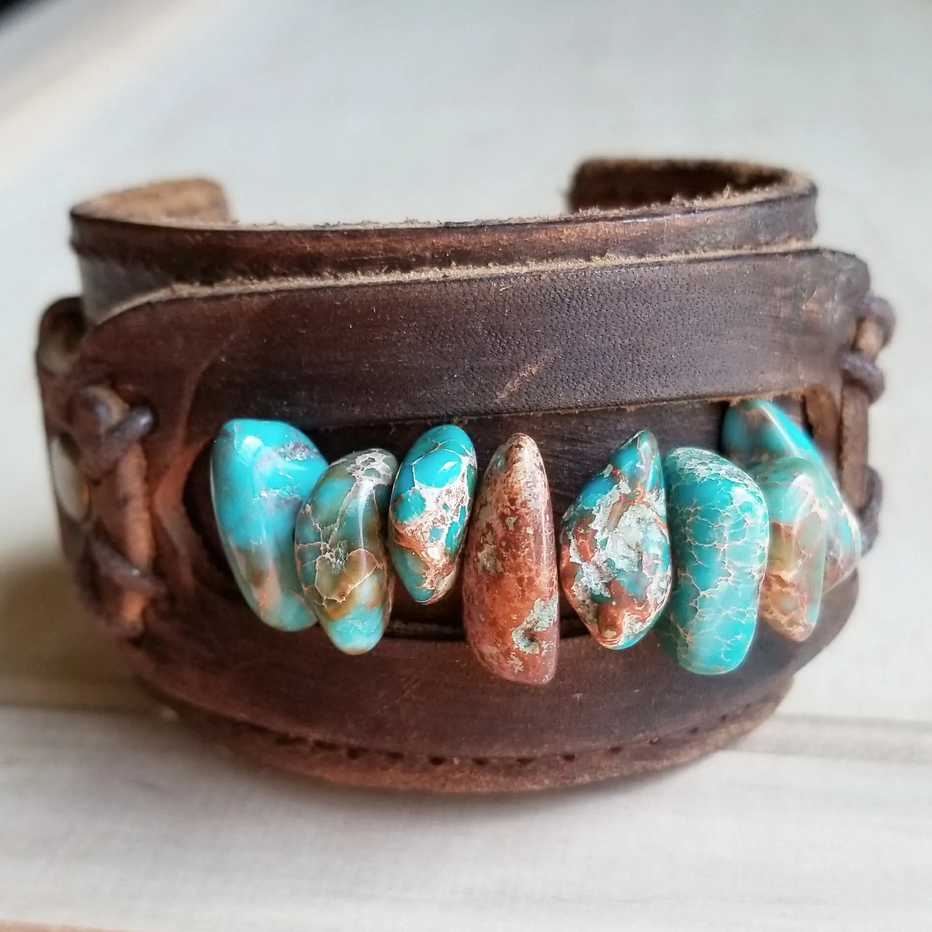 Dusty Leather Cuff with Turquoise Regalite Gemstone Chunks 006d