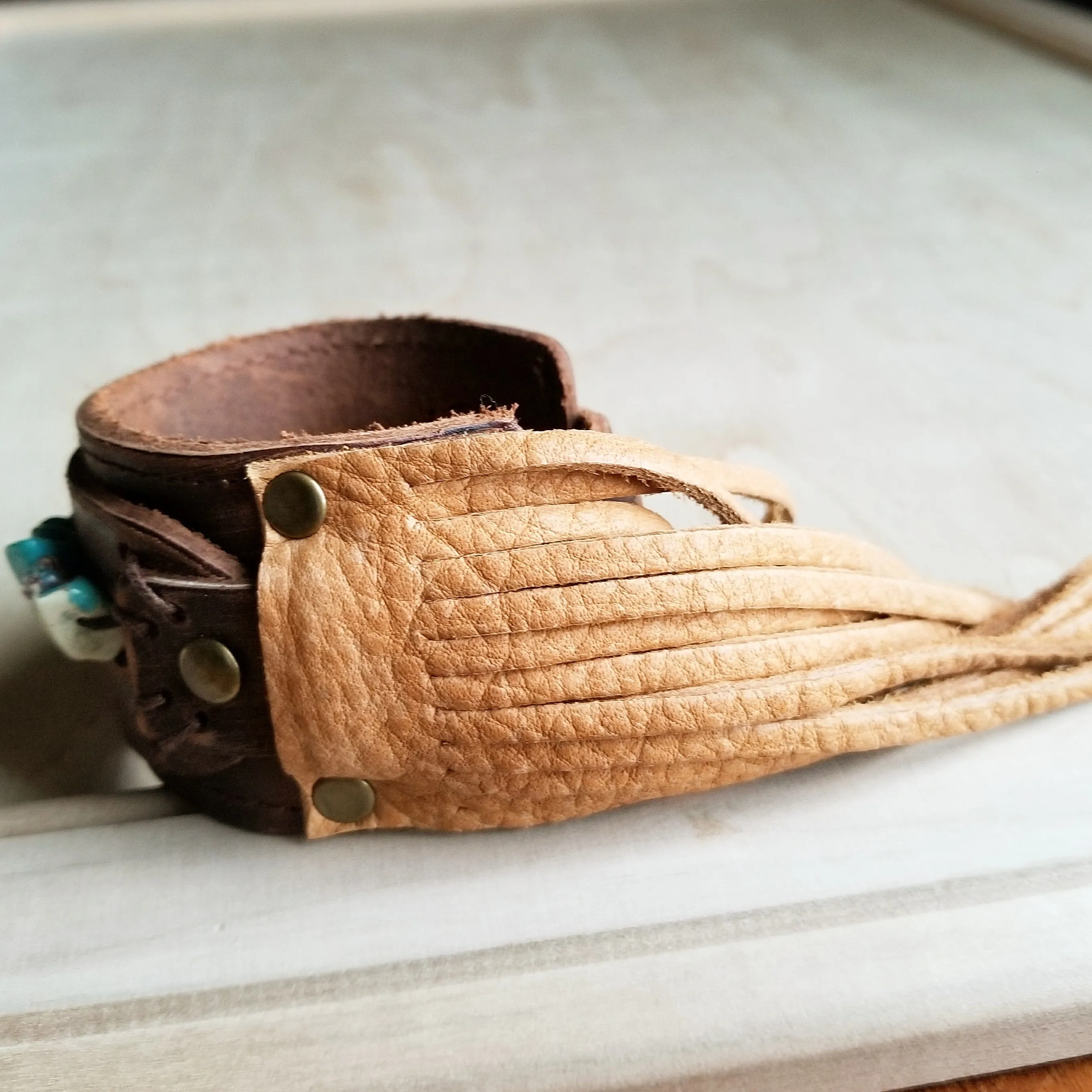 Dusty Leather Cuff with Turquoise Regalite Gemstone Chunks 006d