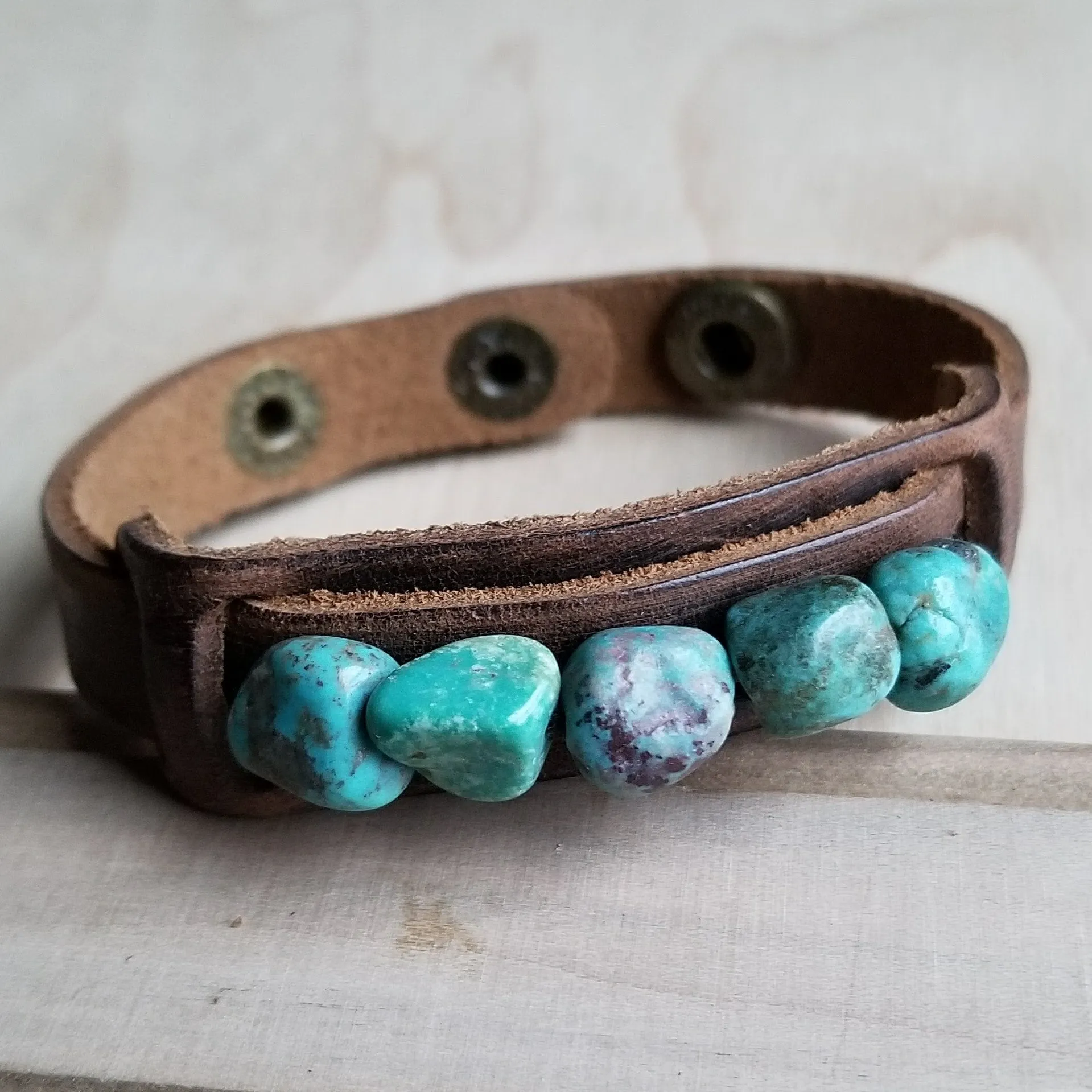 Dusty Leather Narrow Cuff with African Turquoise Chunks 006q