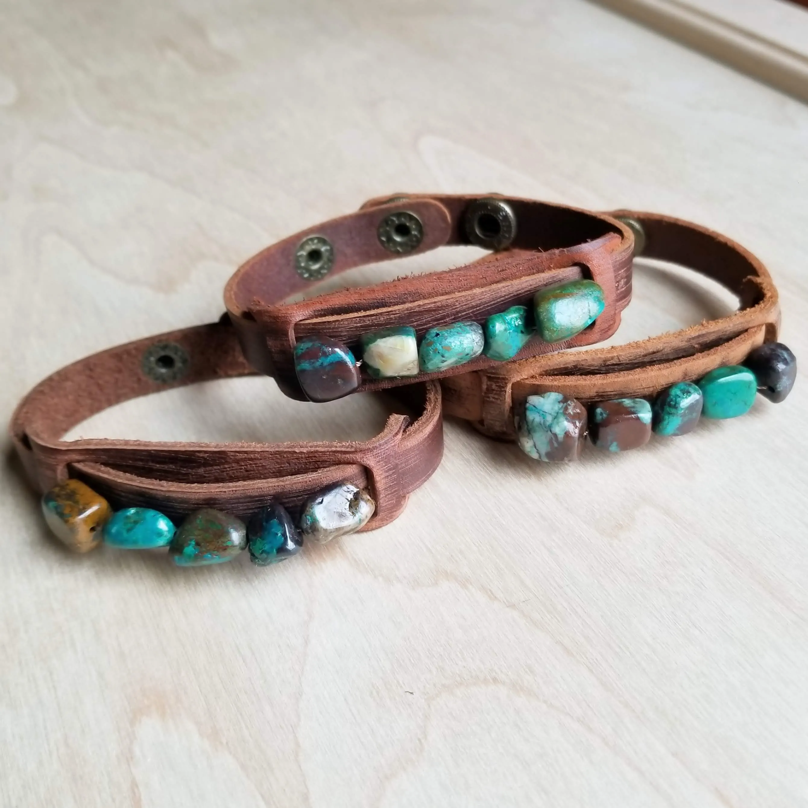 Dusty Leather Narrow Cuff with African Turquoise Chunks 006q