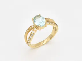 Gold Aquamarine Ring - Blue Oval Ring - Split Shank Ring