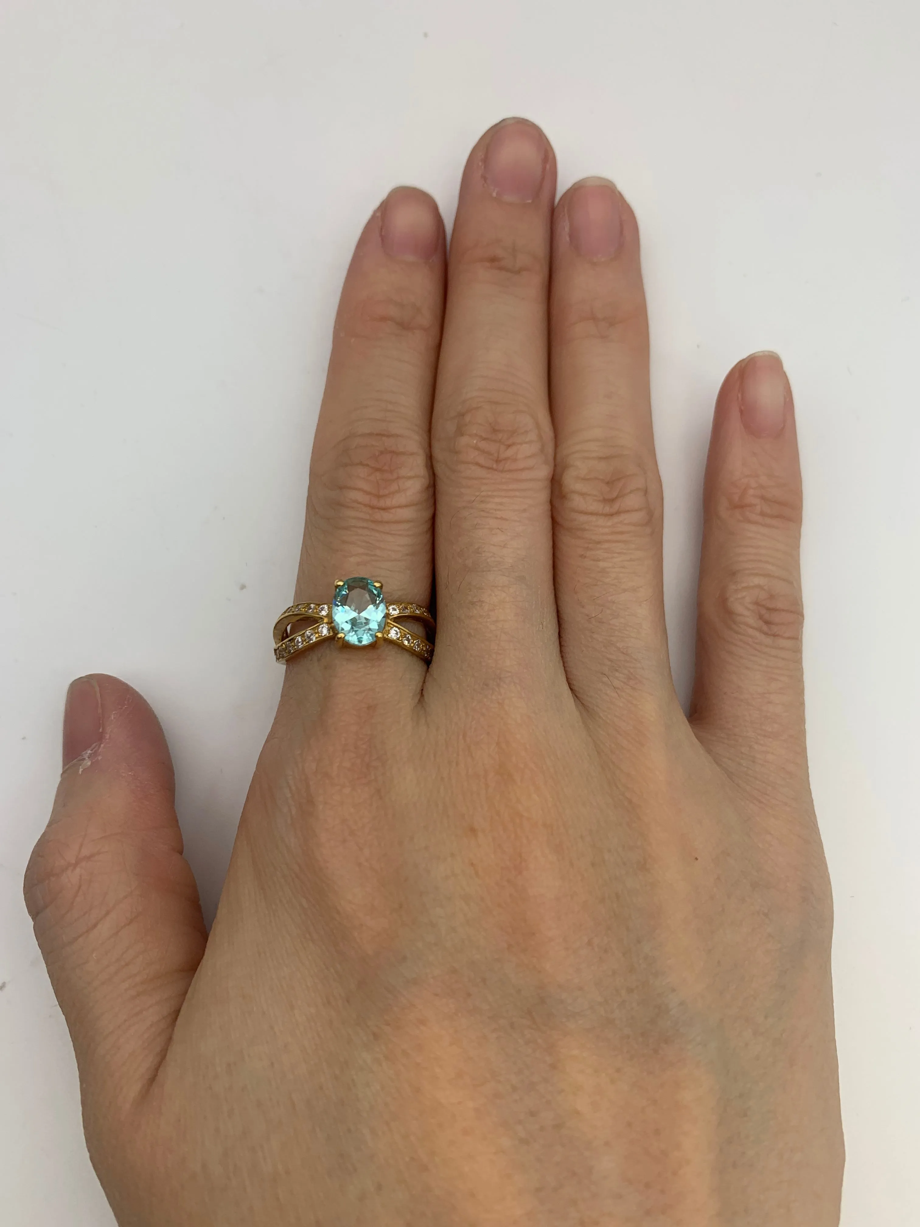 Gold Aquamarine Ring - Blue Oval Ring - Split Shank Ring