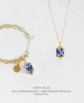 Gold Charm Bracelet   Drop Pendant Necklace Set - Duxton Blue