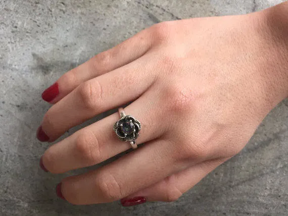 Green Flower Ring - Chrome Diopside Ring - Vintage Rose Ring