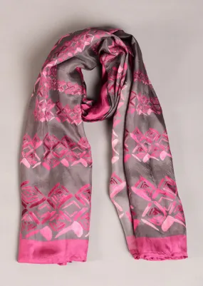 Grey And Rose Pink Colour Story Geometric Printed Pure Silk Scarf