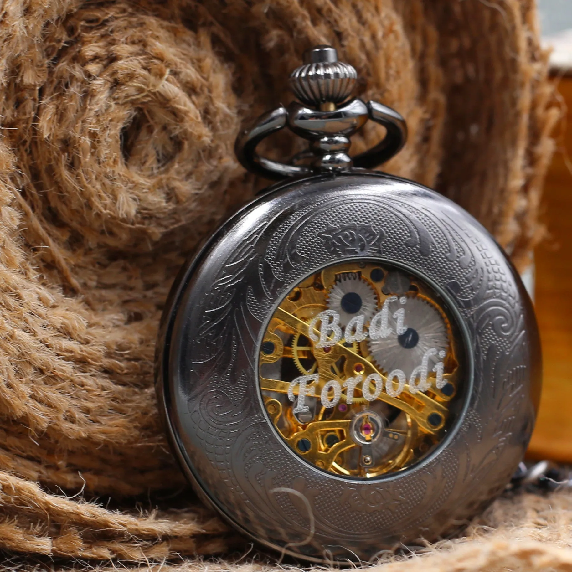 Groomsmen Gift Personalized Pocket Watch Black Windup Mechanical Pocket Watch with Chain- Groomsmen gifts VM024