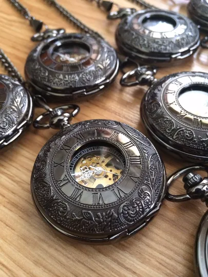 Groomsmen Gift Personalized Pocket Watch Black Windup Mechanical Pocket Watch with Chain- Groomsmen gifts VM024
